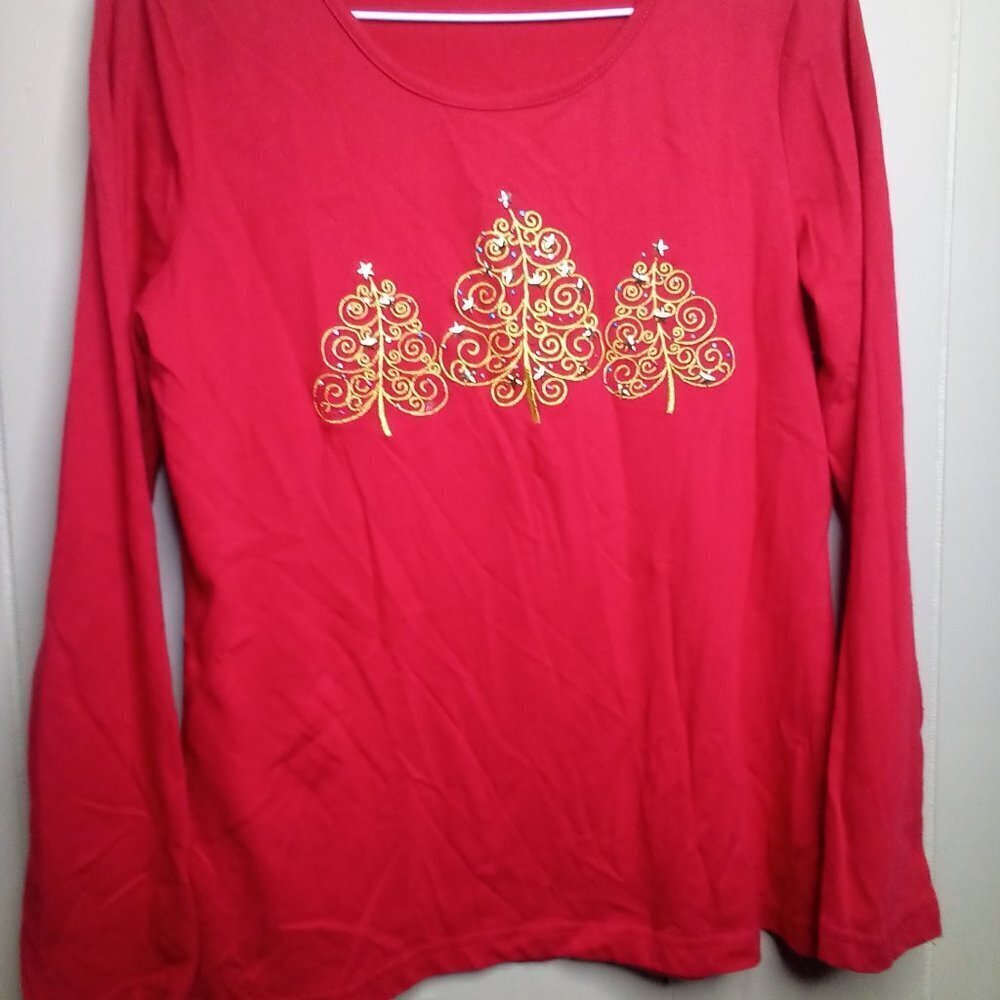 Kim Rogers Shirt M Christmas Tree Long Sleeve Red - Picture 7 of 10